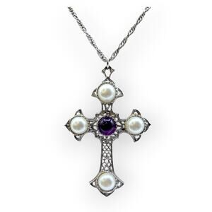 Sarah Coventry Pearl Amethyst Cross Pendant Necklace Vintage Gothic Romantic